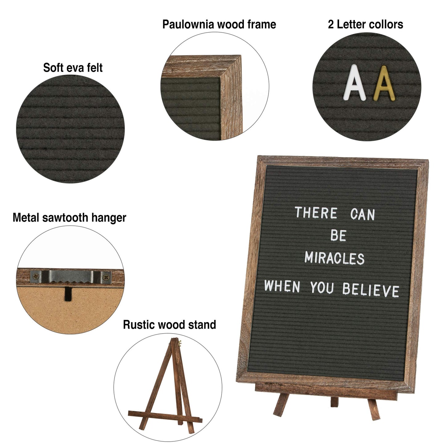 Felt Letter Board with Rustic Vintage Frame and Stand 12x16 inch,Grey Changeable Letter and Message Board Includes 792 Letters, Numbers and Symbols, Hook to Hang, 2 Canvas Bags