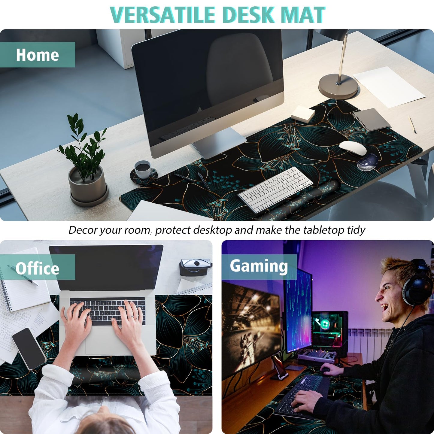 Keyboard Mouse Pad Set,Large Gaming Mouse Pad+Keyboard Wrist Rest+Wrist Rest+Coaster,Computer Desk pad Set Wrist Support for Office Desktop Laptop. (35.4" x 15.7") Extended Desk Mat (Floral)
