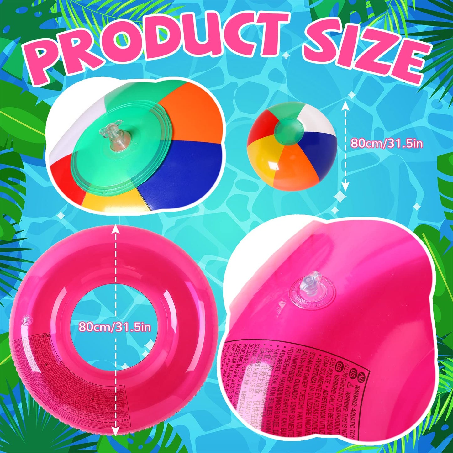 12 Sets Beach Floats, Including 6 Pcs Inflatable Pool Tube for Adults Swimming Rings 6 Pcs 12'' Beach Inflatable Balls for Vacation Beach Decorations Summer Activity Party