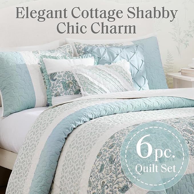 Madison Park 100% Cotton Quilt Set Floral Print, Double Sided Stitching, All Season, Lightweight Coverlet Shabby Chic Bedding Layer, Matching Shams, King/Cal King, Light Teal 6 Piece , Aqua