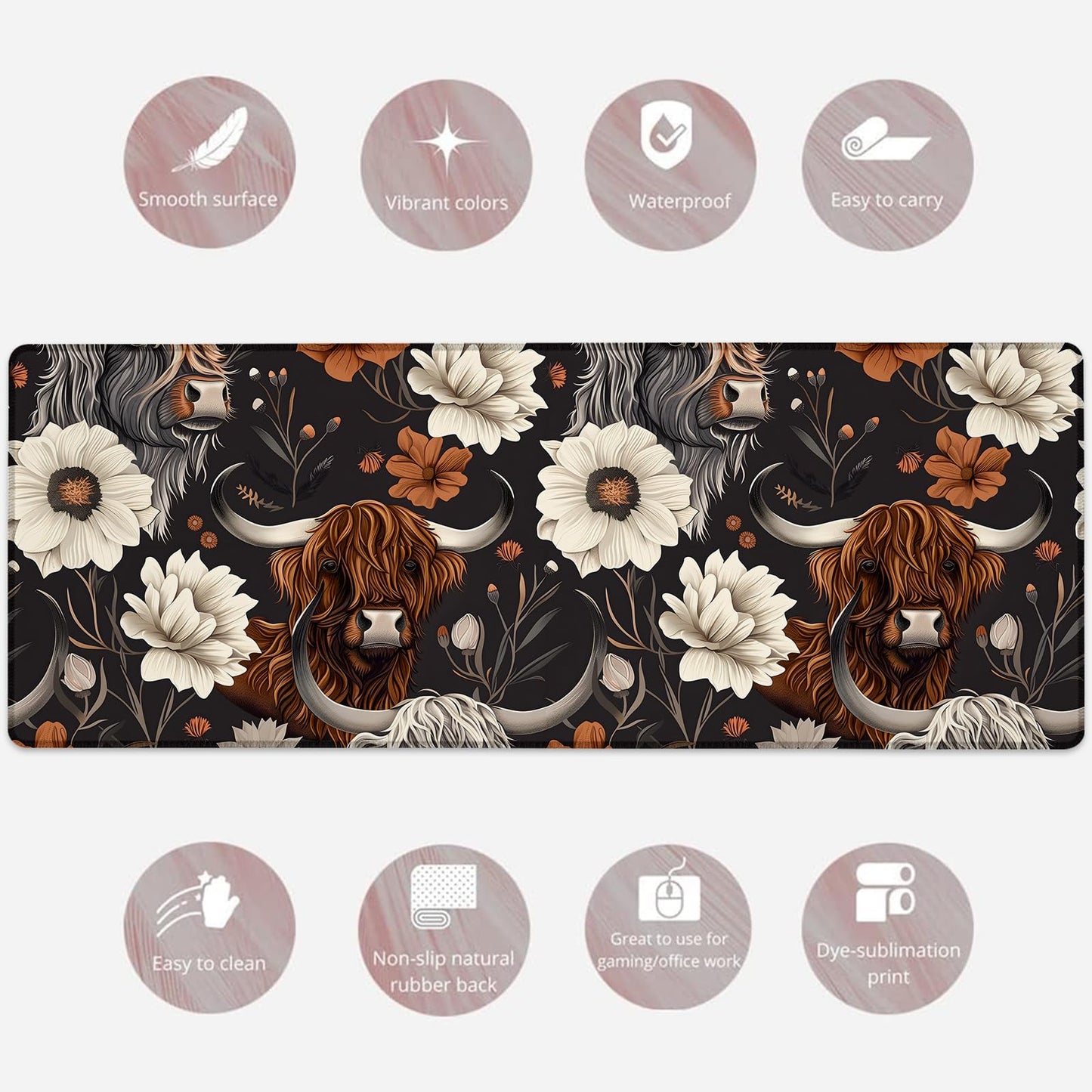 Rustic Highland Cow & Floral Gaming Mouse Pad, Large Cows Desk Mat for Laptop Keyboard Computer, Non-Slip Rubber Base Desktop Extended Mousepad for Office Home Accessories 31.5"×11.8"