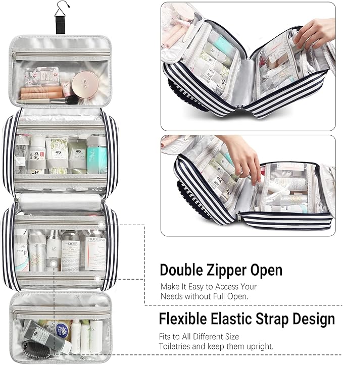 Bosidu Hanging Travel Toiletry Bag,Large Capacity Cosmetic Travel Toiletry Organizer for Women with 4 Compartments & 1 Sturdy Hook,Perfect for Travel/Daily Use/Christmas