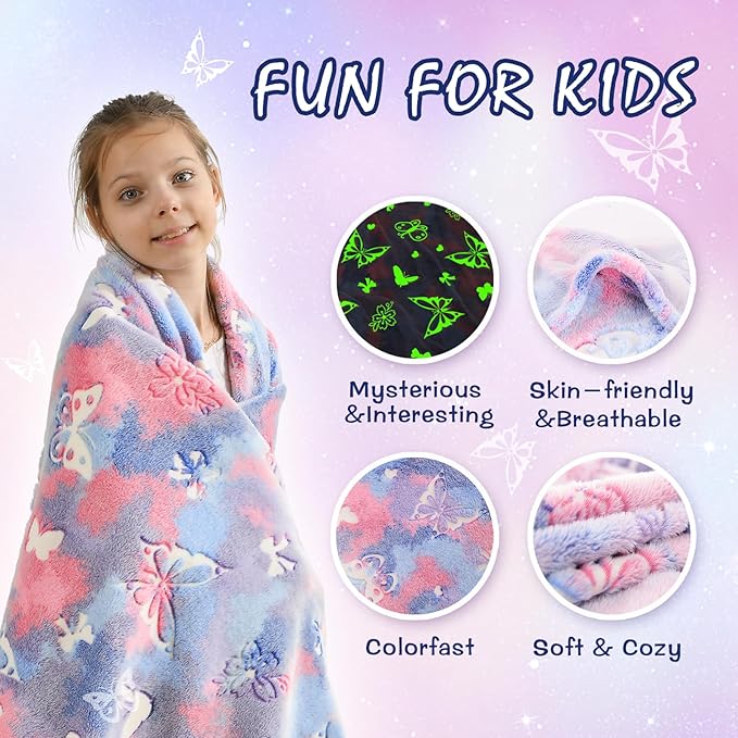 SOCHOW Butterfly Glow in The Dark Blanket for Daughters, Toys for 3-10 Year Old Birthday Presents, Soft Cozy Flannel Throw Blanket for Preteens Teens, Purple 50 x 60 Inches