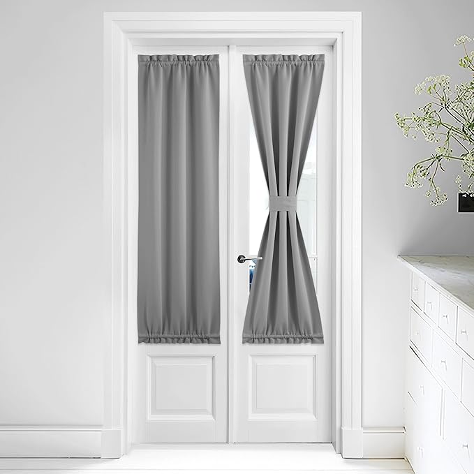 NICETOWN French Door Curtain - Silver Grey Blackout Drape Energy Saving Thermal Insulated Drapery/Front Door Panel Including Adjustable Tie Back, 25 by 64 inch, 1 Panel