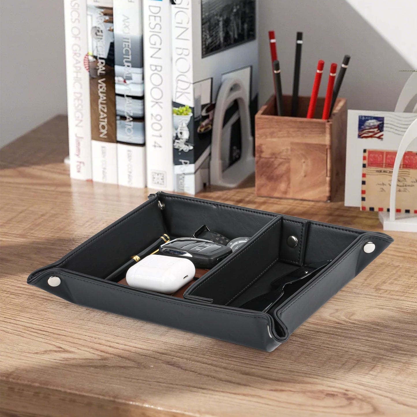 Deluxe Leather Tray Desktop Storage Organizer Watch Remote Control Jewelry Cell Phone Wallet Keychain Desktop Storage for Home, Camping Unique Gift Ideas for Men and Friends