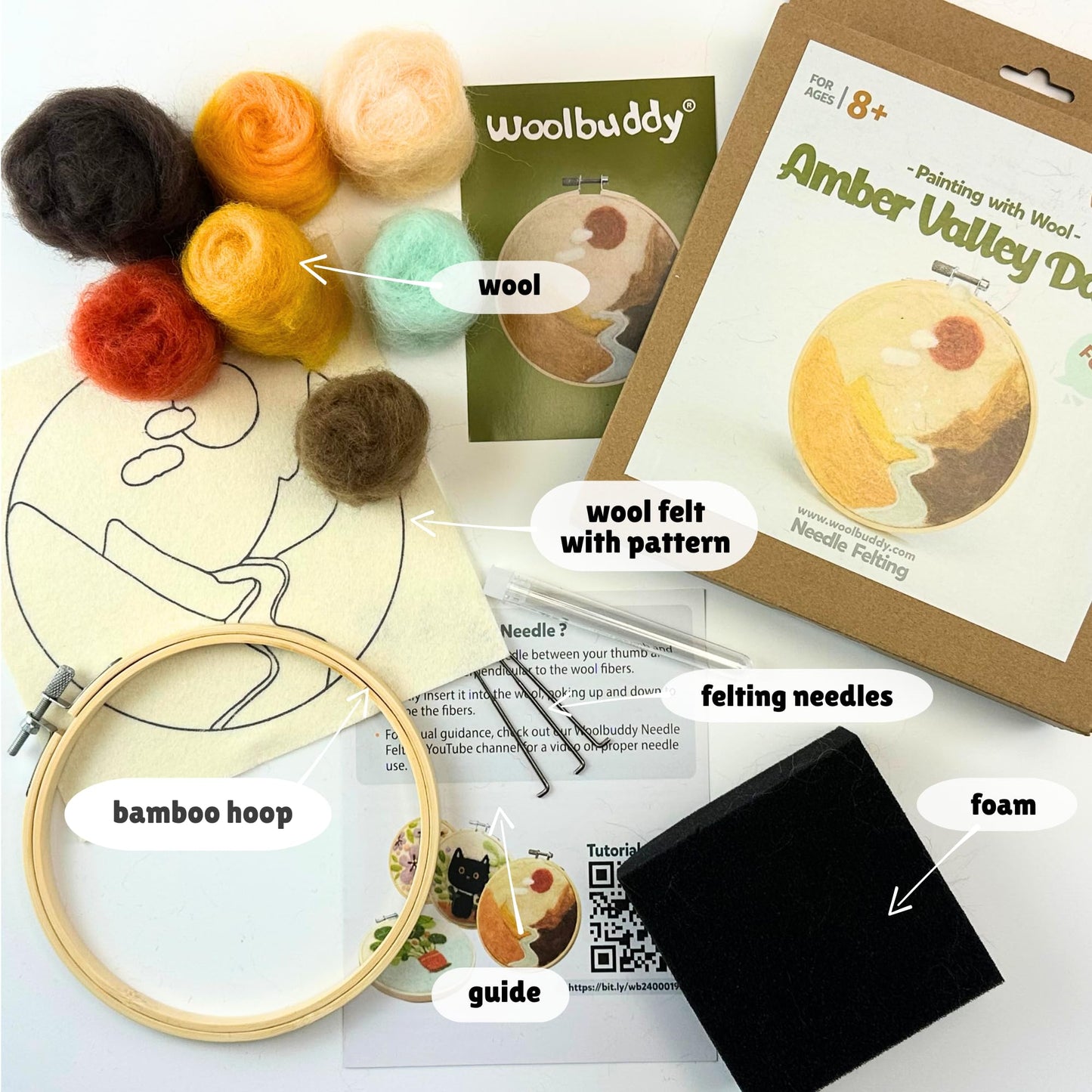 Woolbuddy 𝗡𝗲𝗲𝗱𝗹𝗲 𝗙𝗲𝗹𝘁𝗶𝗻𝗴 𝗞𝗶𝘁 𝗳𝗼𝗿 𝗔𝗱𝘂𝗹𝘁𝘀 & 𝗕𝗲𝗴𝗶𝗻𝗻𝗲𝗿𝘀 Starter Set with Core Wool, Felting Needles, Foam Pad & DIY Crafting Guide (Amber Valley)
