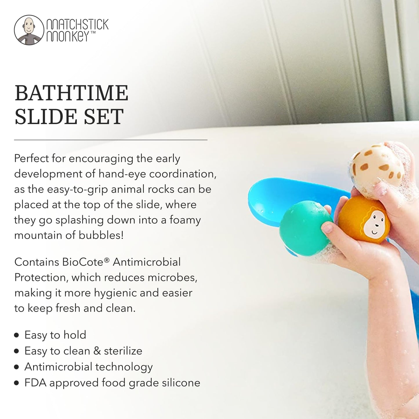 Matchstick Monkey Bath Time Slide Set – Baby Bath Toy, Sensory Learning, Easy-to-Grip Animal Rocks, Encourages Motor Skills & Water Play, BPA-Free, 12 Months+, Blue