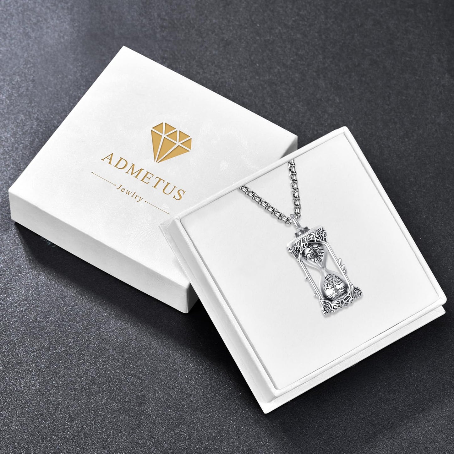 ADMETUS Tree of Life Hourglass Urn Necklaces for Ashes Silver Cremation Jewelry for Ashes for Men Ash Keepsake Pendant Memorial Gifts