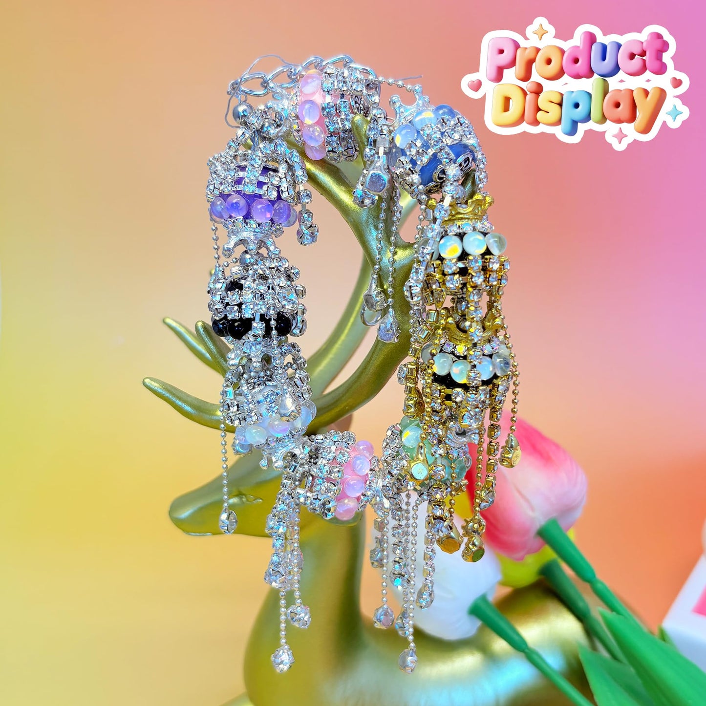10pcs Rhinestone Focal Beads for Pens, Sparkling Crystal Crown-Shaped Designs with Tassels, Fancy Beads for DIY Jewelry Making Keychains Crafts Holiday Decorations