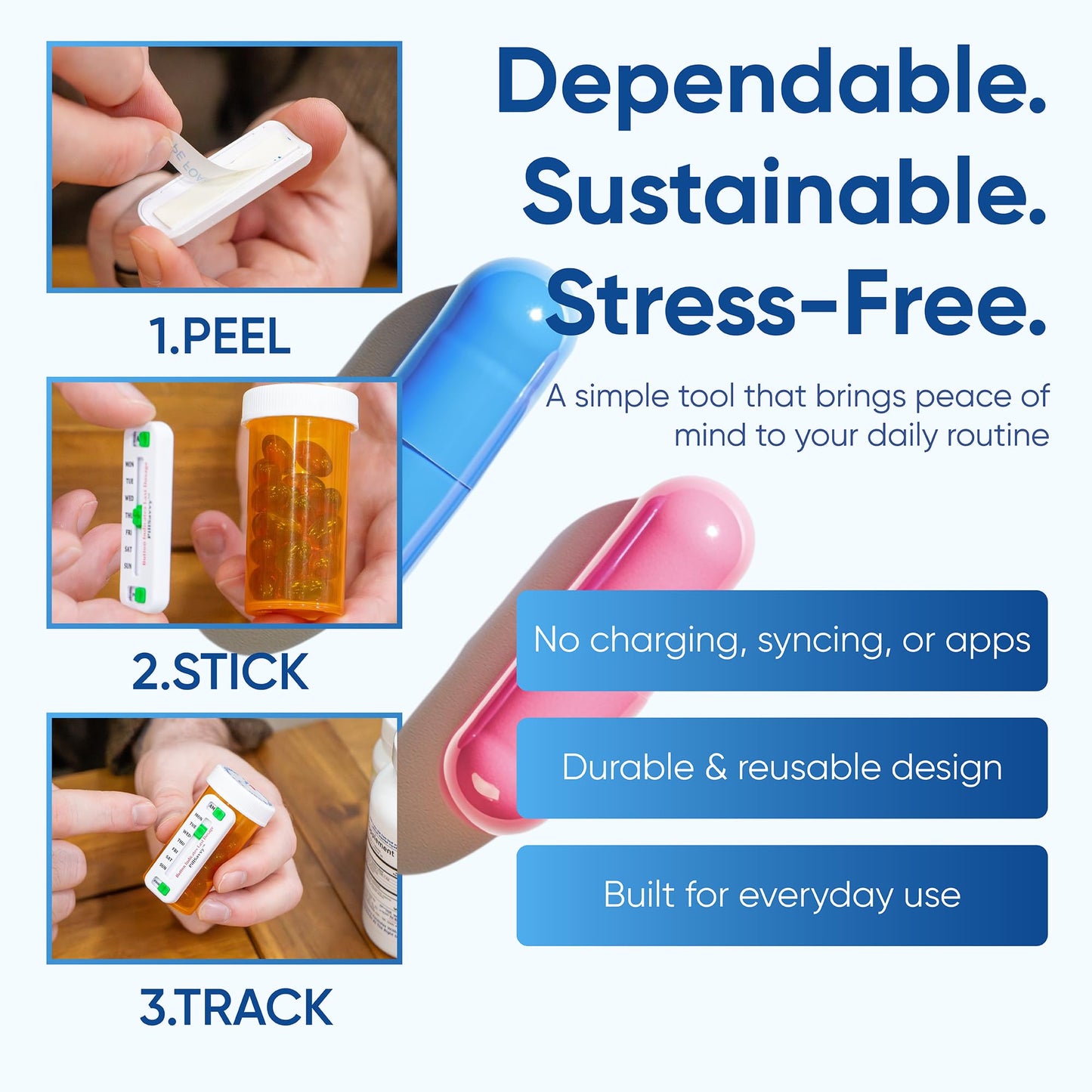 PillSavvy™ Daily Pill Tracker – Non-Digital, Reusable Medication Reminder for Bottles & Organizers – Easy to Use, Curved Back – Track Prescriptions, Vitamins, Supplements & Pet Meds (White, 2 Pack)