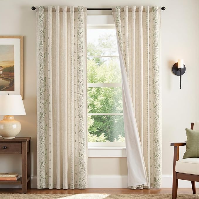 jinchan Winslow Lined Linen Curtains for Bedroom 84 Inches Linen Blended Embroidered Bordered Floral Curtains for Living Room Farmhouse Decor Window Treatments Sage on Beige Drapes 2 Panels