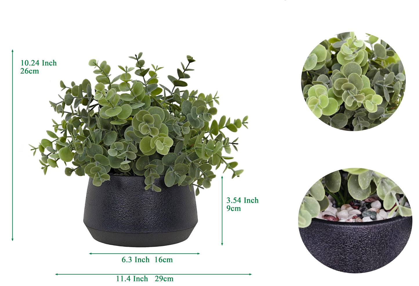 365 Blooming Decor Artificial Eucalyptus Plant–10.2"x11.4" Luxury Faux Potted Greenery in Black Textured Pot with Real Pebbles, Premium Material, No Assembly, Farmhouse, Coffee Table, Bathroom Decor//