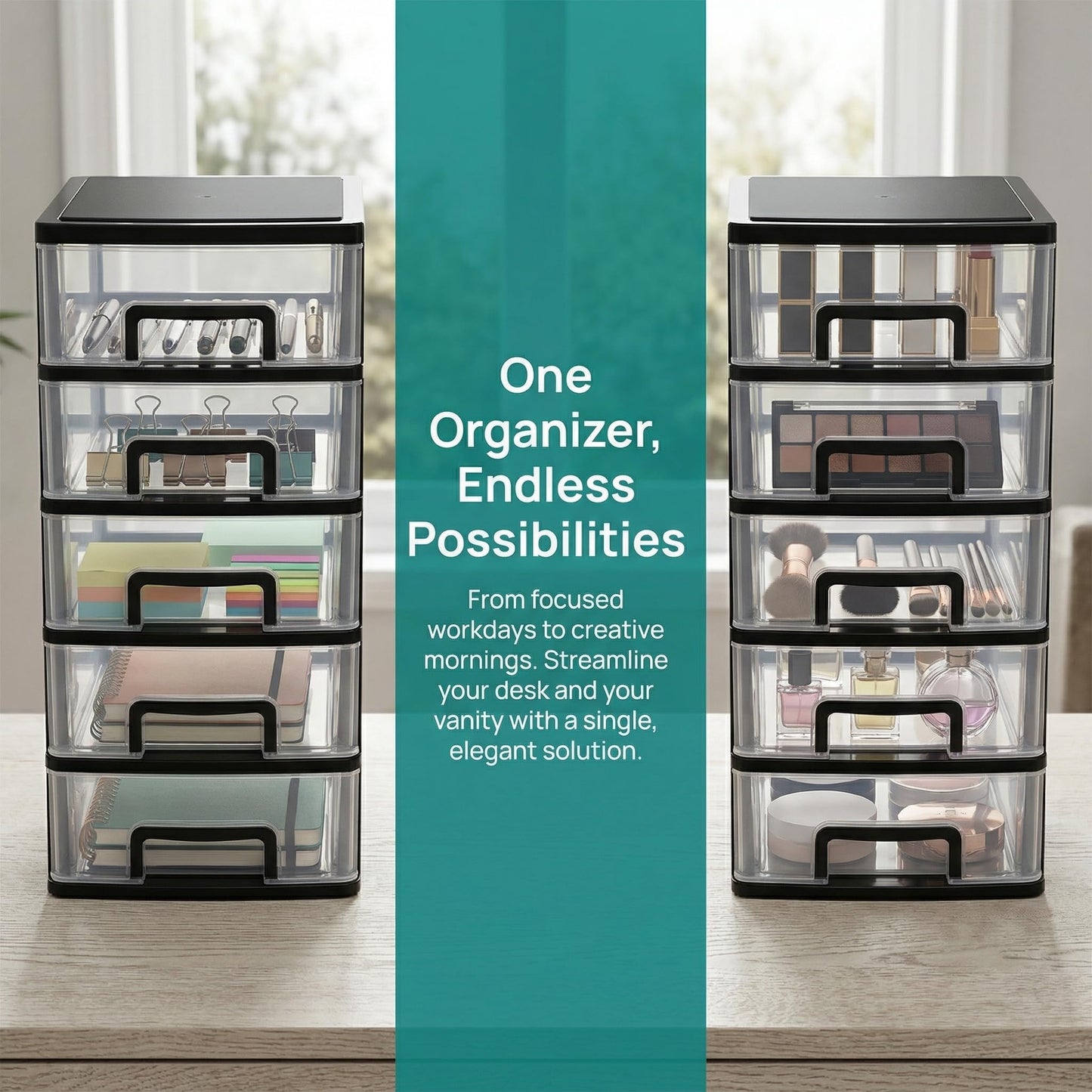 Cabilock 5 Drawer Plastic Storage Organizer Clear Desktop Drawer Storage Cabinet for Office Study Bathroom Craft Supplies