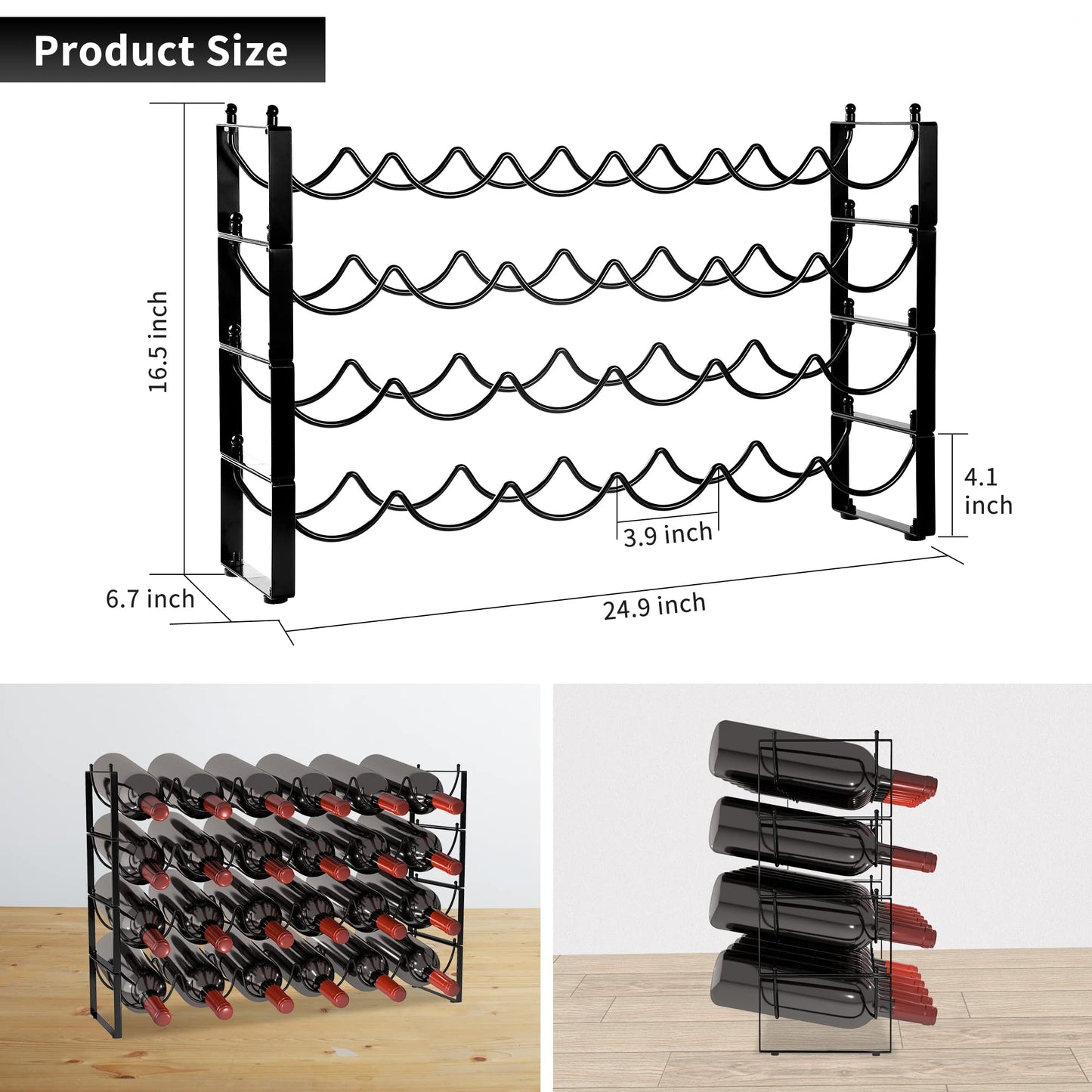 TONLEA 4 Tier Wine Rack - 3-in-1, Stackable, 24-Bottle Wine Storage Rack for Cabinet or Pantry (Dark Black, Version 3.0)