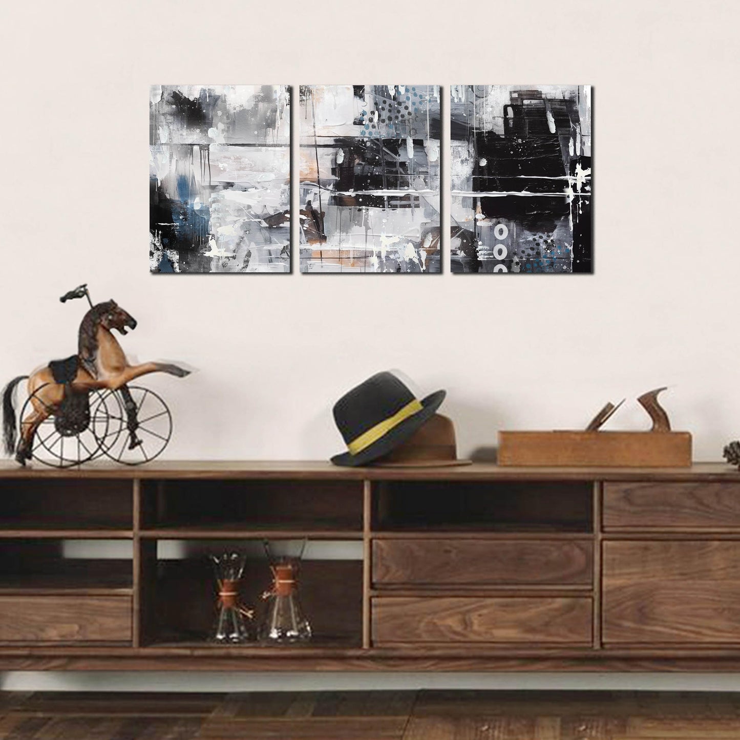 HUBOSKN Abstract Wall Art for Living Room - Modern Black and White Wall Art for Bedroom - Home Office Wall Decor Size 12" x 16" x 3 Piece