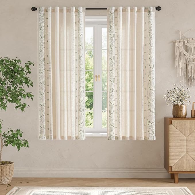 jinchan Winslow Linen Curtains for Bedroom 72 Inches Length Embroidered Bordered Floral Curtains for Living Room Farmhouse Decor Light Filtering Window Treatments Sage on Beige Drapes 2 Panels
