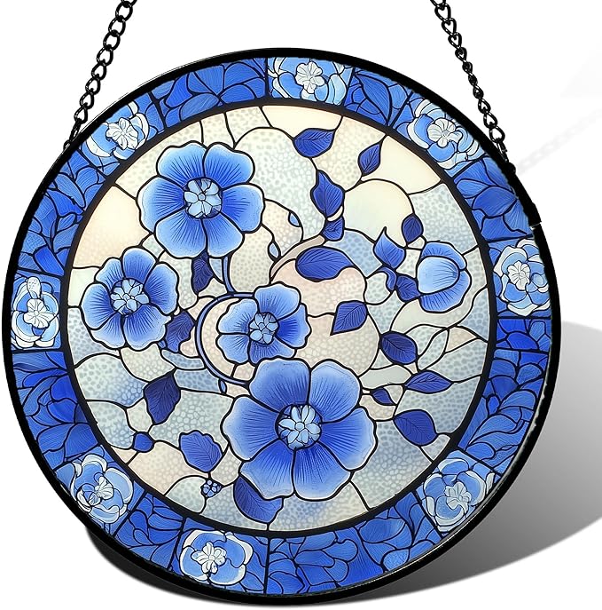 Stained Glass Window Hanging, Blue and White Plum Blossom Sun Catcher for Door Home Decor Flowers Suncatcher Christmas Mother's Day Birthday Gifts for Women Men Mom and Nana 9.8 in
