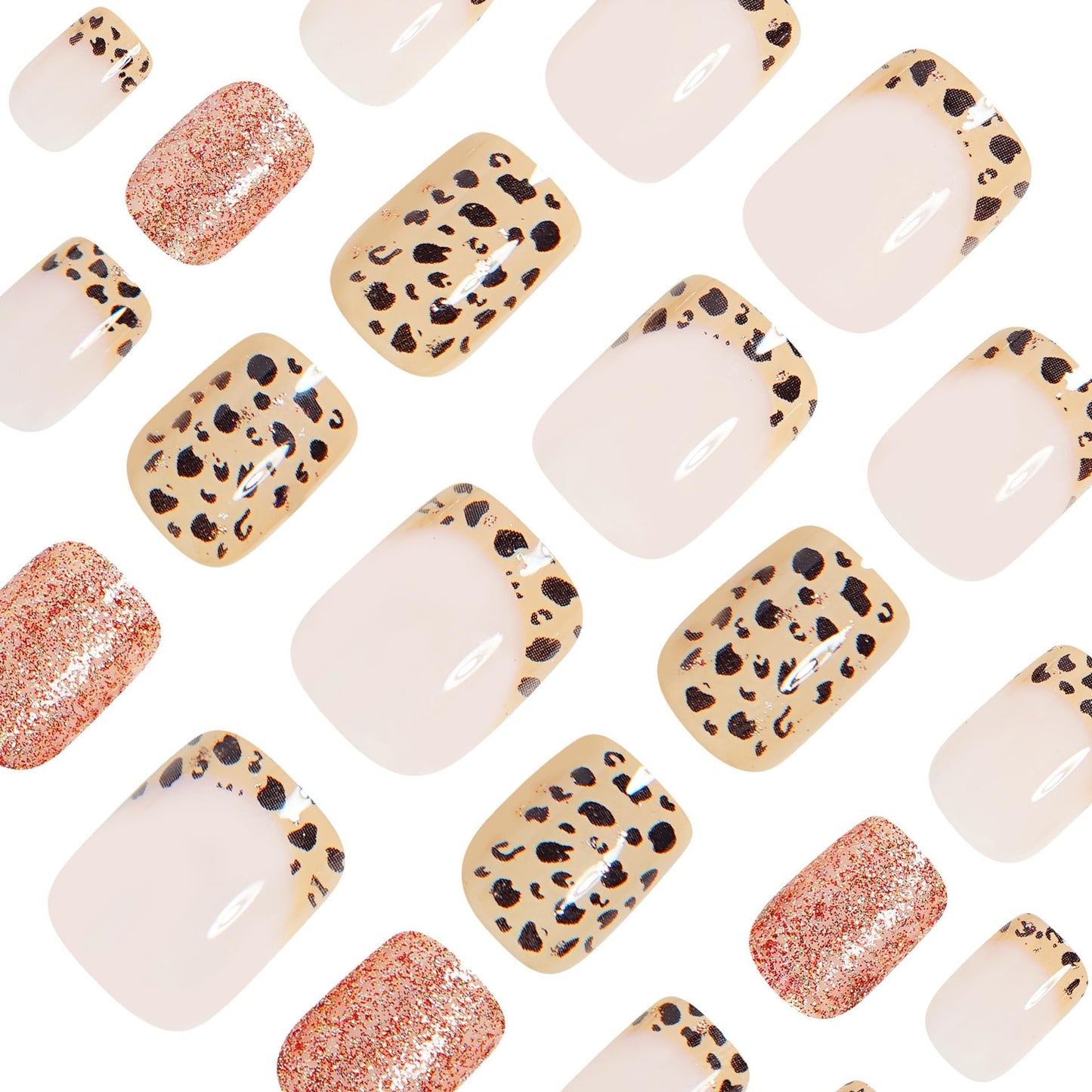 CTTHNBD Press on Nails Square - Short Fake Nails with Leopard Print Design - Glitter, French Tip False Nails Press ons - for Women 24 Pcs