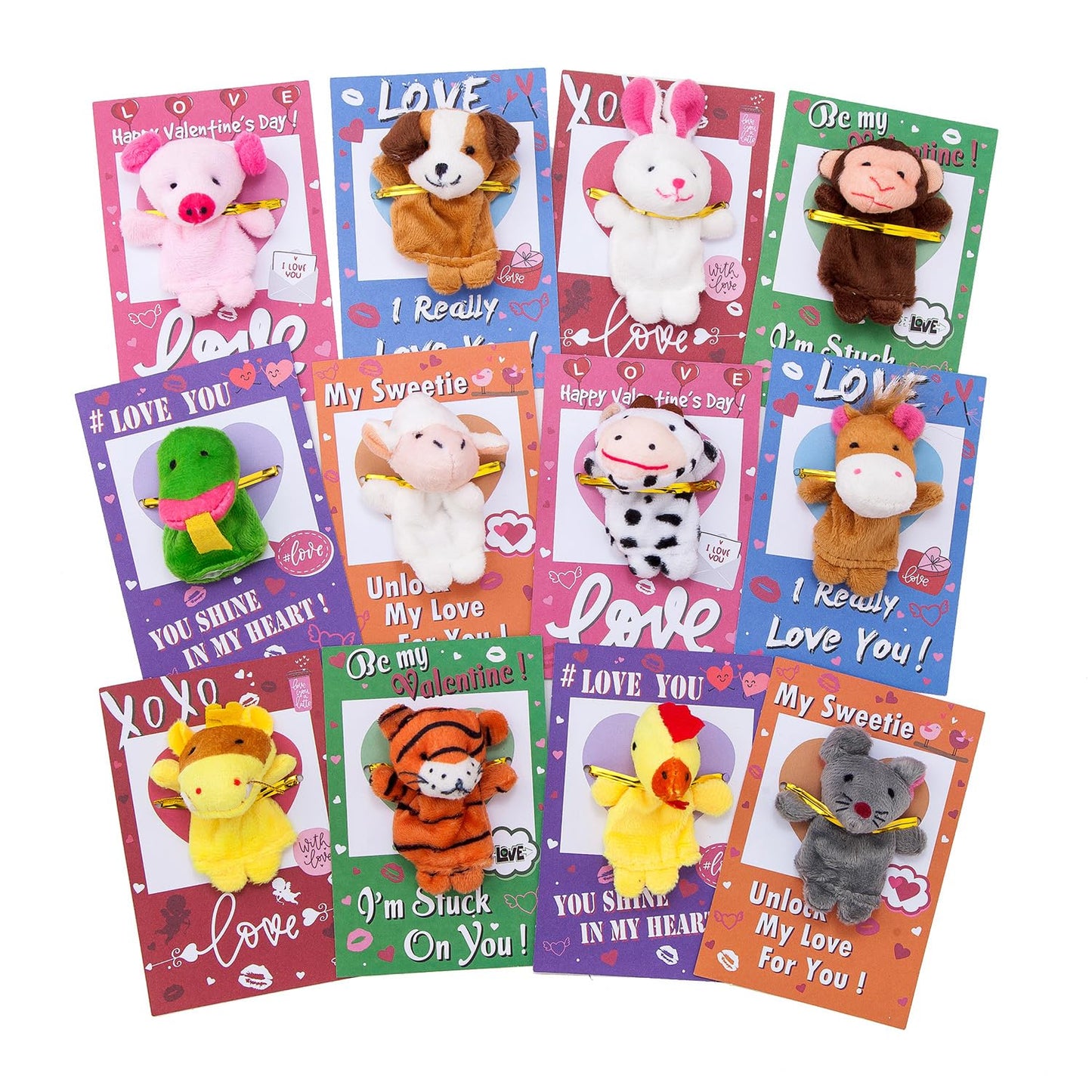JIALWEN 12 Pack Animal Soft Plush Finger Puppet Kids Theme Gifts Greeting Cards School Classroom Exchange Game Prizes Party Favors