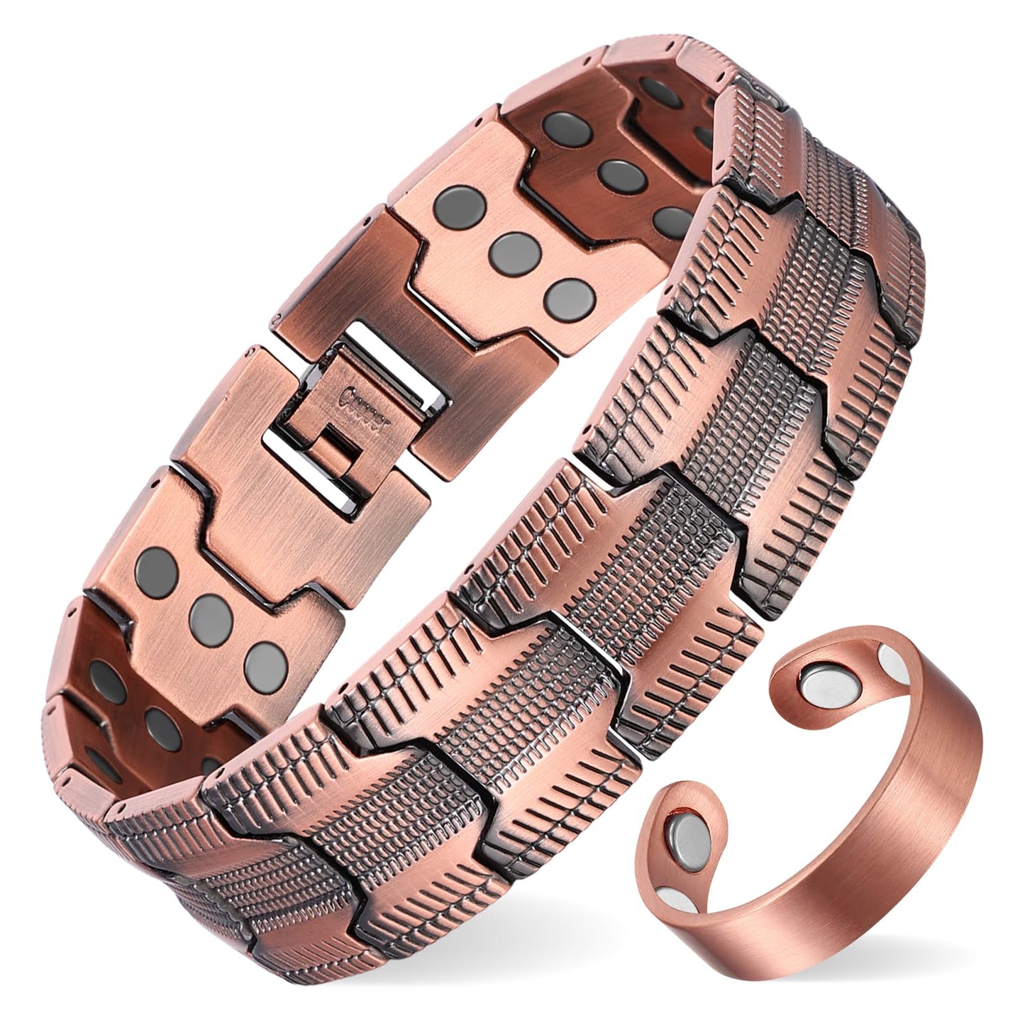 Fashtour 3X Copper Bracelet for Men Triple Ultra Strength Magnets, Masculine Design Pure Copper Magnetic Bracelet and Ring Set, Adjustable Length with Sizing Tool