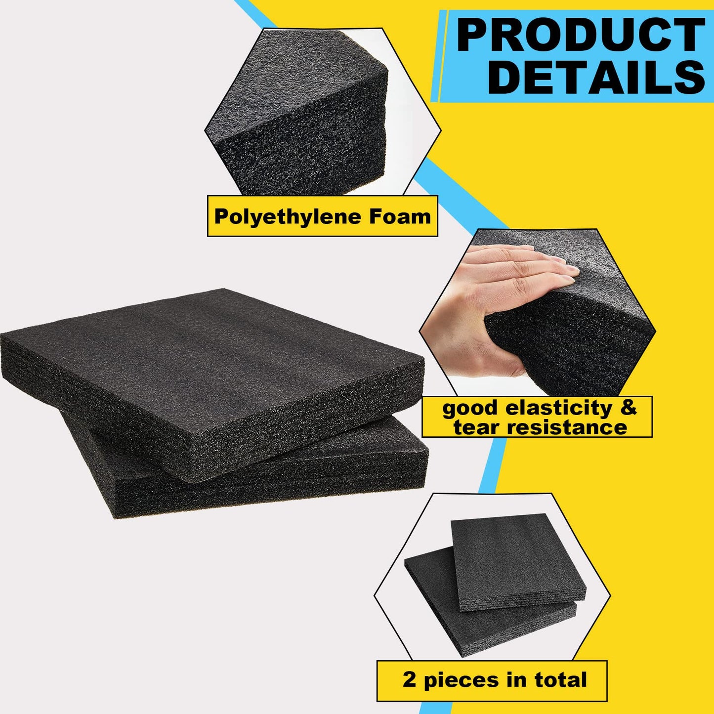Treela 2 Pcs Customizable Polyethylene Foam Sheets 16x12x2" Black Thick Cuttable Foam Padding Inserts for Cases, Polyethylene Block Sheet for Packing Toolbox Storage and Craft Pad