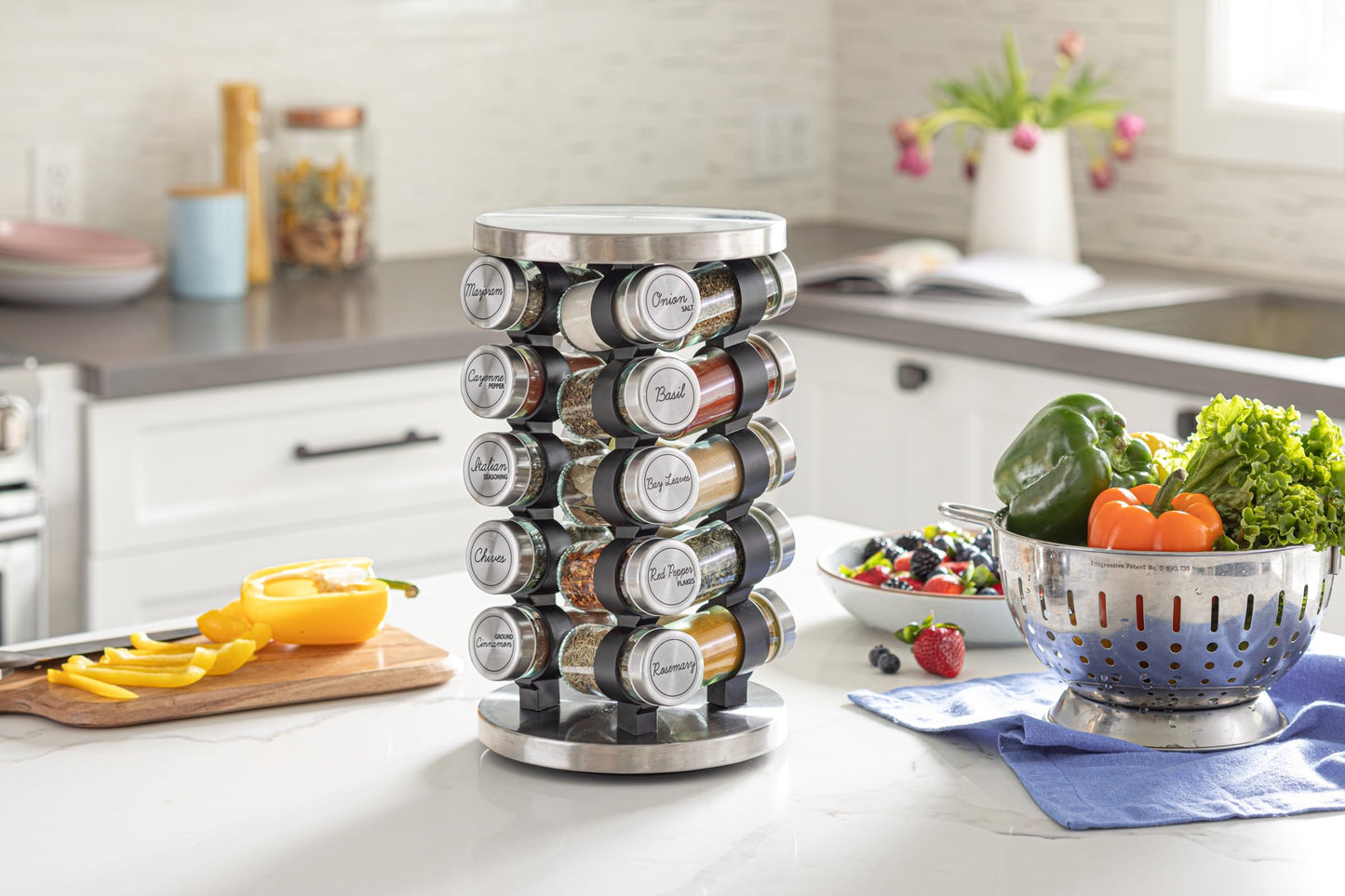 Orii 20 Jar Rotating Spice Rack with Spices Included & 5-Year Free Spice Refill Program – Stainless Steel Revolving Countertop Spice Rack with 3 oz Glass Jars