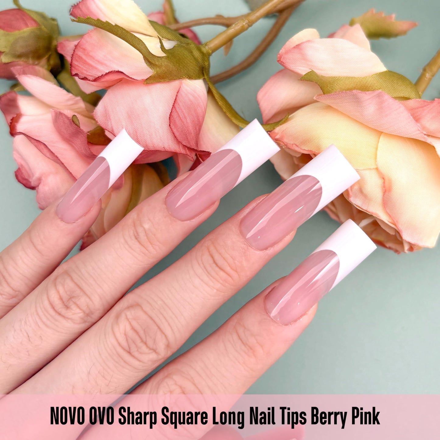 NOVO OVO Long Sharp Square White French Tip Nail Tips Press on BERRY PINK, Extra Thick NEED Builder Gel & Top Coat & Glue, Soft Gel full Cover False Fake Nail Extension for Salon DIY x 15 Sizes 180 pc