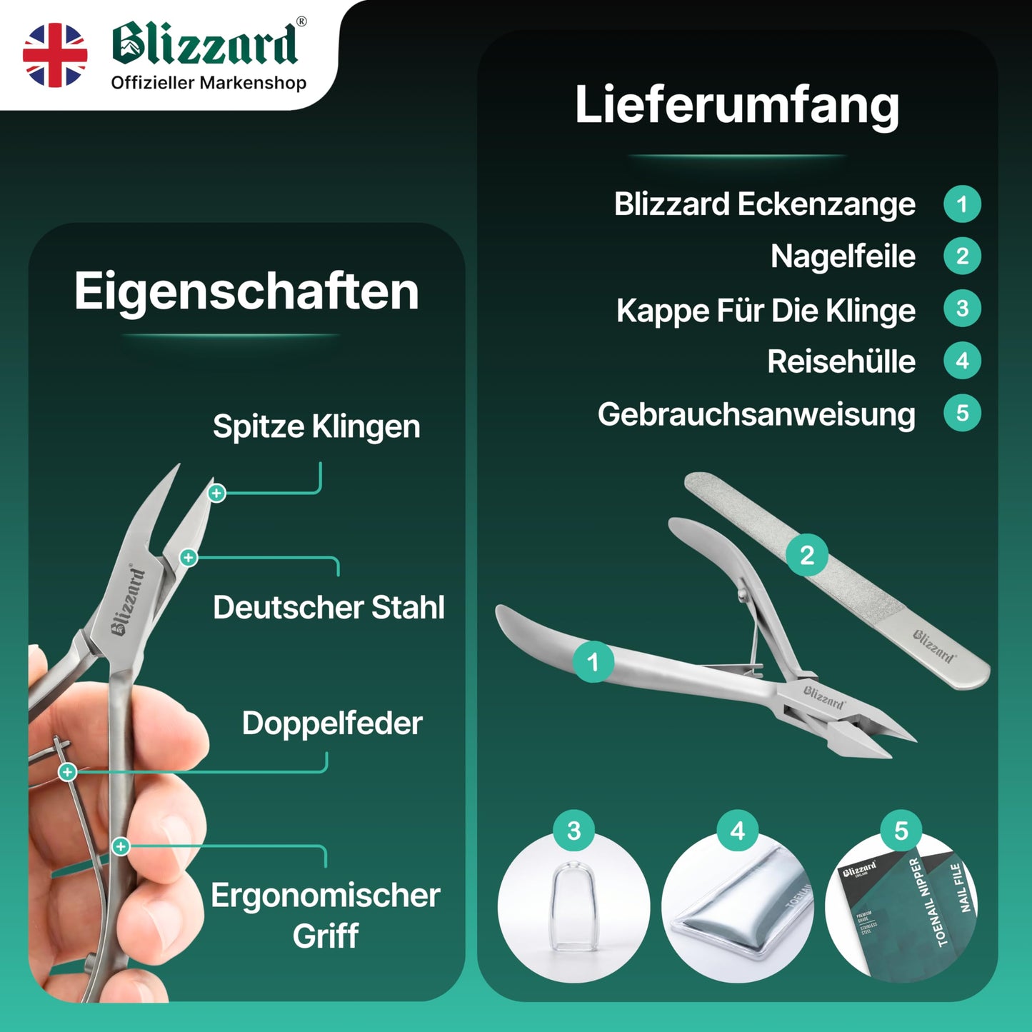 Ingrown Nail Clippers for Men with Ingrown Toenails – Blizzard Podiatrist Toenail Clipper Set German Forged (15cm - Arrow Point - Smooth)