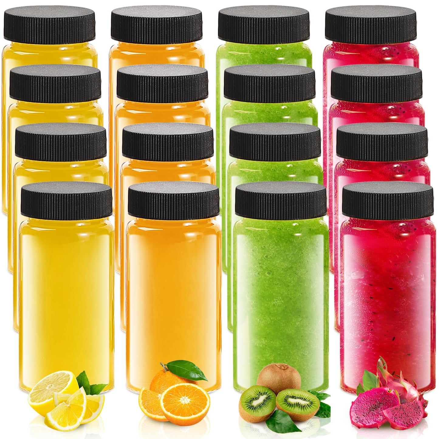 Jarsoph 16 Pcs, 2oz Clear Glass Bottle with Lids, 60ml Small Glass Jar, Leakproof Mini Travel Bottles, Decorative Bottles Set for Juice, Wellness, Spices