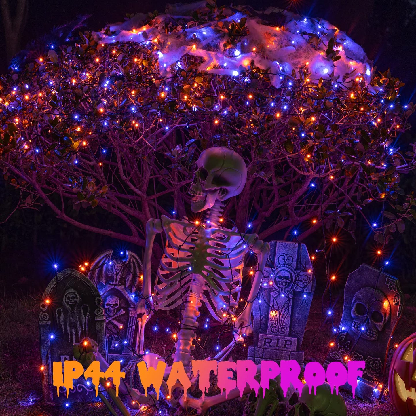 Rotu Halloween String Lights Outdoor with Music Sync Spooky Sounds 300 LED 114.8ft Indoor Fairy String Lights Waterproof Function for Halloween Party Haunted House Decorations (Purple & Orange)