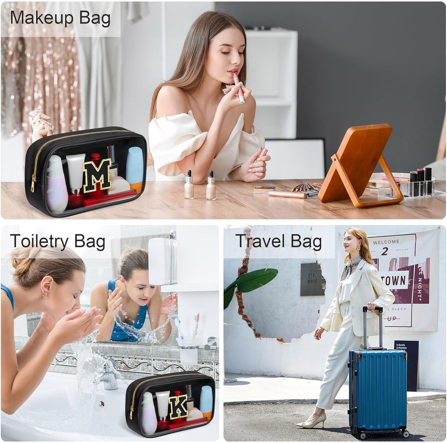 YOOLIFE Initial Travel Makeup Bag Pouch, Clear Toiletry Bag for Women Travel Accessories Cosmetic Bag Skin Care for Teen Make Up Bags Birthday Gifts for Women Unique Teacher Mom Friends Gifts Black N