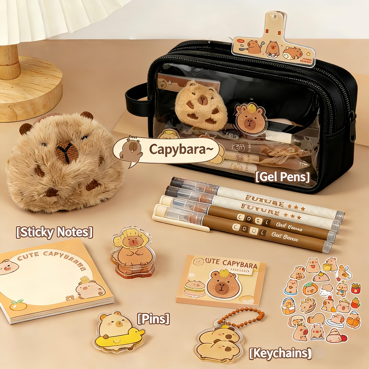 IN Chenthy Kawaii Capybara Pencil Case Kit with Plush +Notepad+Pendant+Stickers+Binder clips+Diary Clip+Pens, 5-Layer Large Capacity Capybara Stationery Set Gifts for Office, Makeup. (Black)