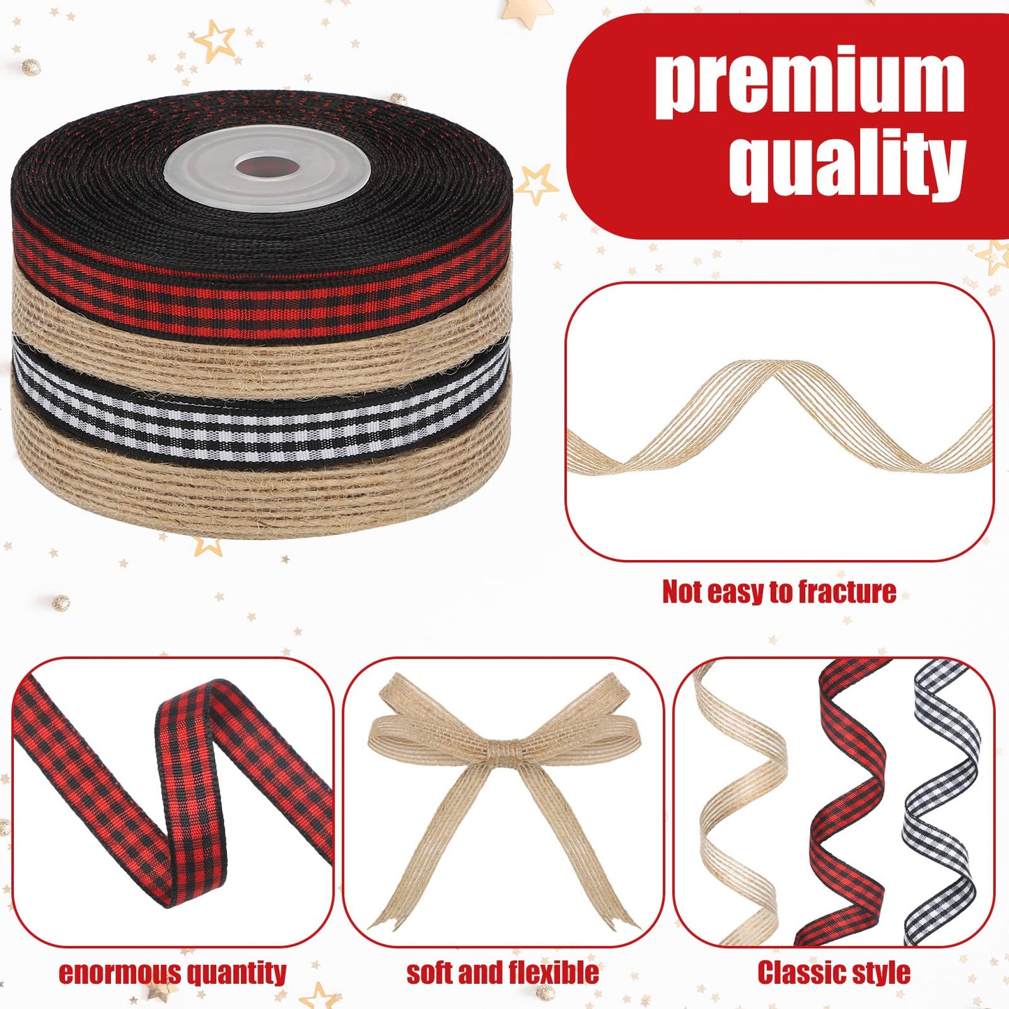 Xinnun 4 Rolls 100 Yards Christmas Ribbons Black Red Buffalo Plaid Fabric Ribbon Black and White Checked Gingham Ribbon Natural Burlap Ribbons Rustic Wrapping for DIY Craft Party Decor(0.6 Inch)