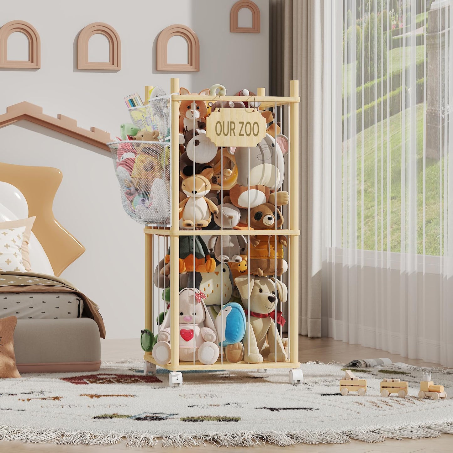 UAMFURI Stuffed Animal Storage with Net Wooden Toy Storage Organizer Stuffed Animal Zoo Storage with Lockable Wheels for Toddler Rooms, Playrooms & Bedrooms (2-Layers)