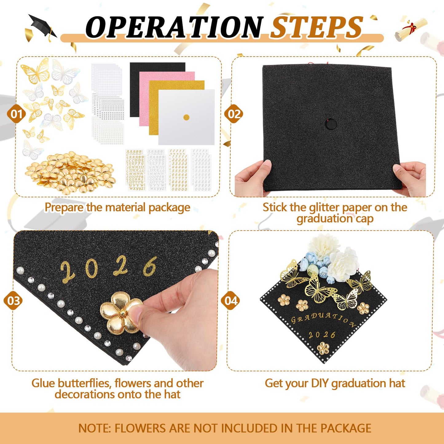 Colarr 68 Pcs Graduation Cap Decorations Kit 2026 Glitter Construction Paper Gold Artificial Flower 3D Butterfly Stickers Glitter Rhinestones Alphabet Letter Number Stickers for DIY Grad Cap Topper
