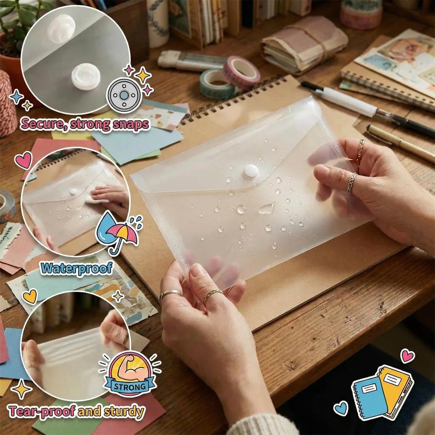 Sticker Organizer, Clear Plastic Envelopes with Snap, 12 Pack Waterproof and Durable for Sticker Storage, Scrapbook Storage, Washi Tape, Scrapbooking & Stamping Supplies (9.5 x 4 Inches)