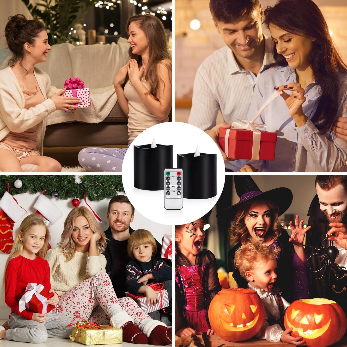 Woocodowe Black Flameless LED Candles, Black Battery Operated Candles with Remote Timer, 3"x3" Real Wax 2-Pack, 3D Flickering Flame Last 600+ Hours, Ideal for Halloween Christmas Gothic Home Decor