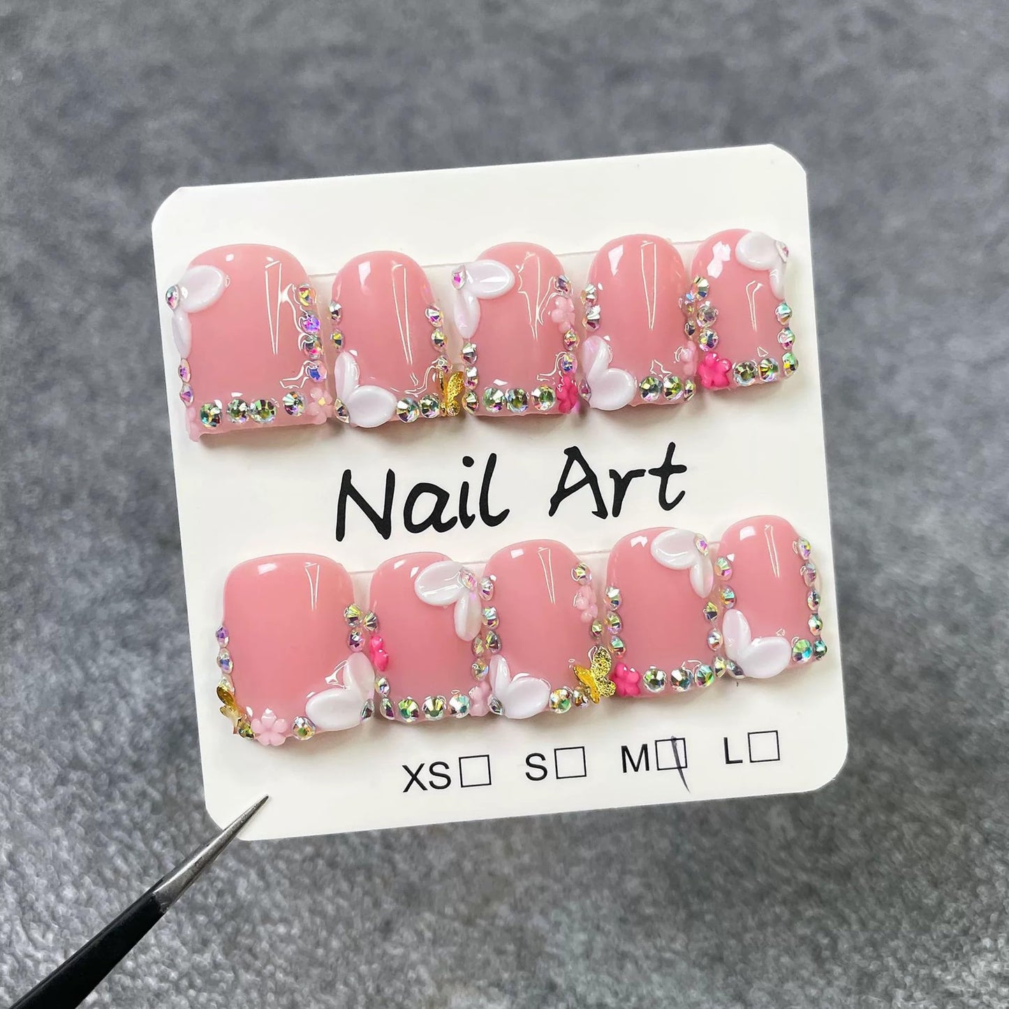 10Pcs Luxury Handmade Press on Nails Short Square 3D Floral Fake Nails French Tip Thick Acrylic False Nails with 3D Cherry Design Nude Pink Full Cover Nails Press ons for Women (Size M)