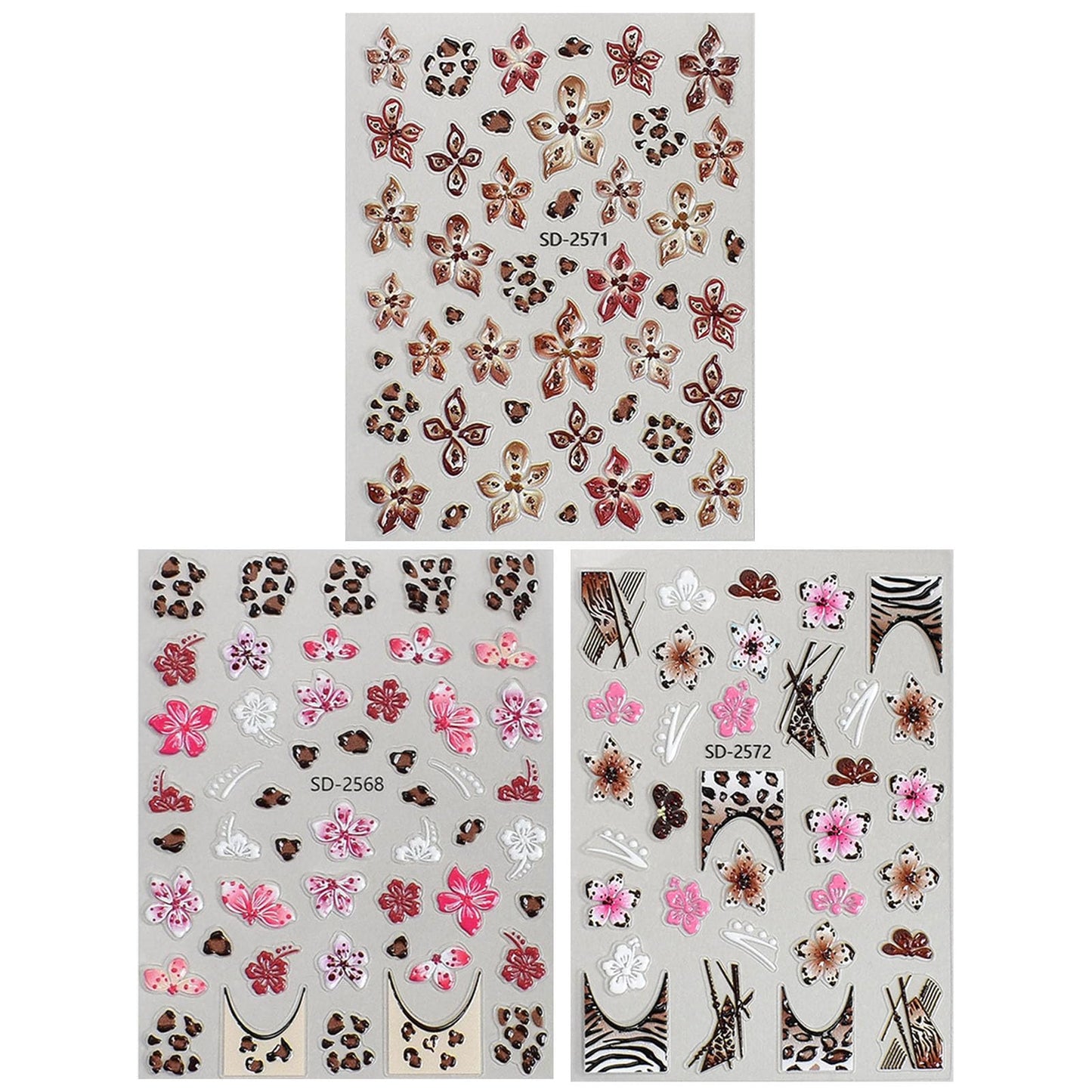 French Leopard Print Flower Nail Art Stickers 3 Sheets 5D Embossed Orchid Lily Cherry Blossom Floral Wild Leopard Print Press On Nails Decals Nail Charms Japanese Style Decorations Nail Stuff