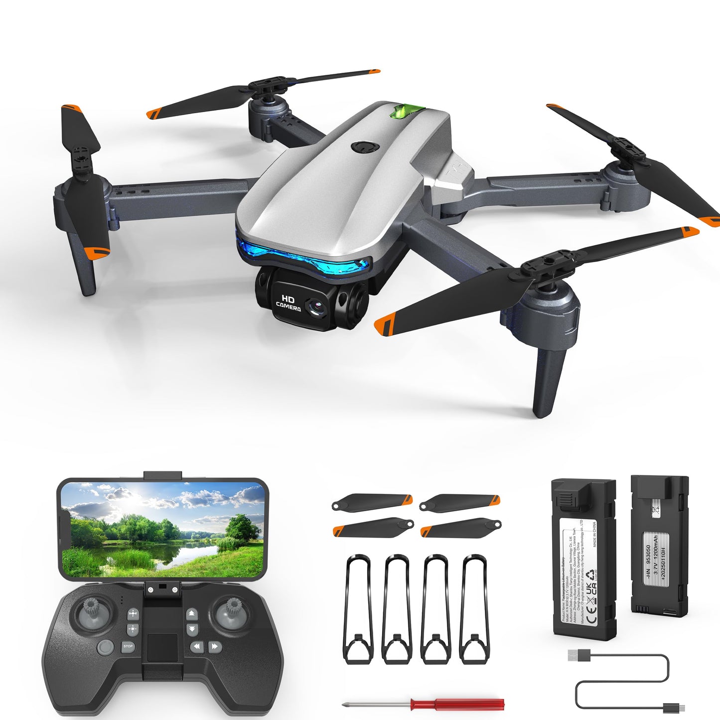FERIETELF Drone with Camera for Kids - w/2 Batteries and Storage Case, Toy for Boys Girls (Silver)
