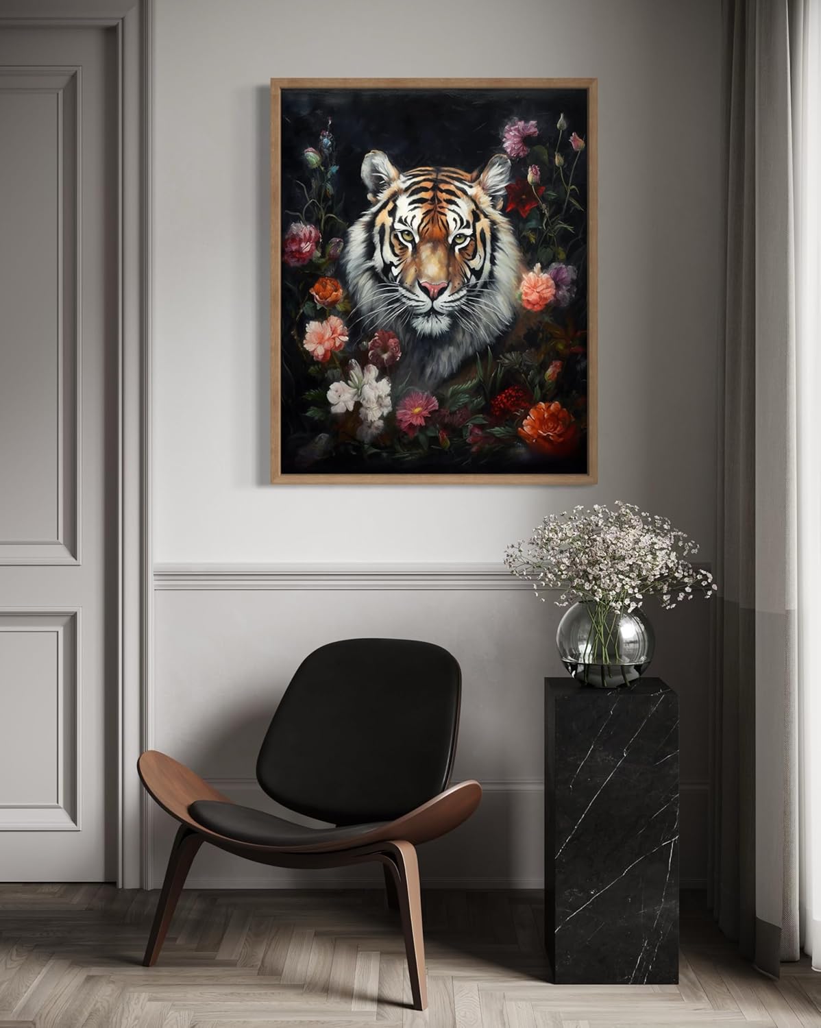 Tiger and Flower Poster Art Print, Halloween Scary Vintage Wall Art Academia Spooky Painting Decoration for Horror Prints, Gothic Posters Bedroom Decor 89 (Tiger and Flower, 11 x 14 inches, Wood Frame)