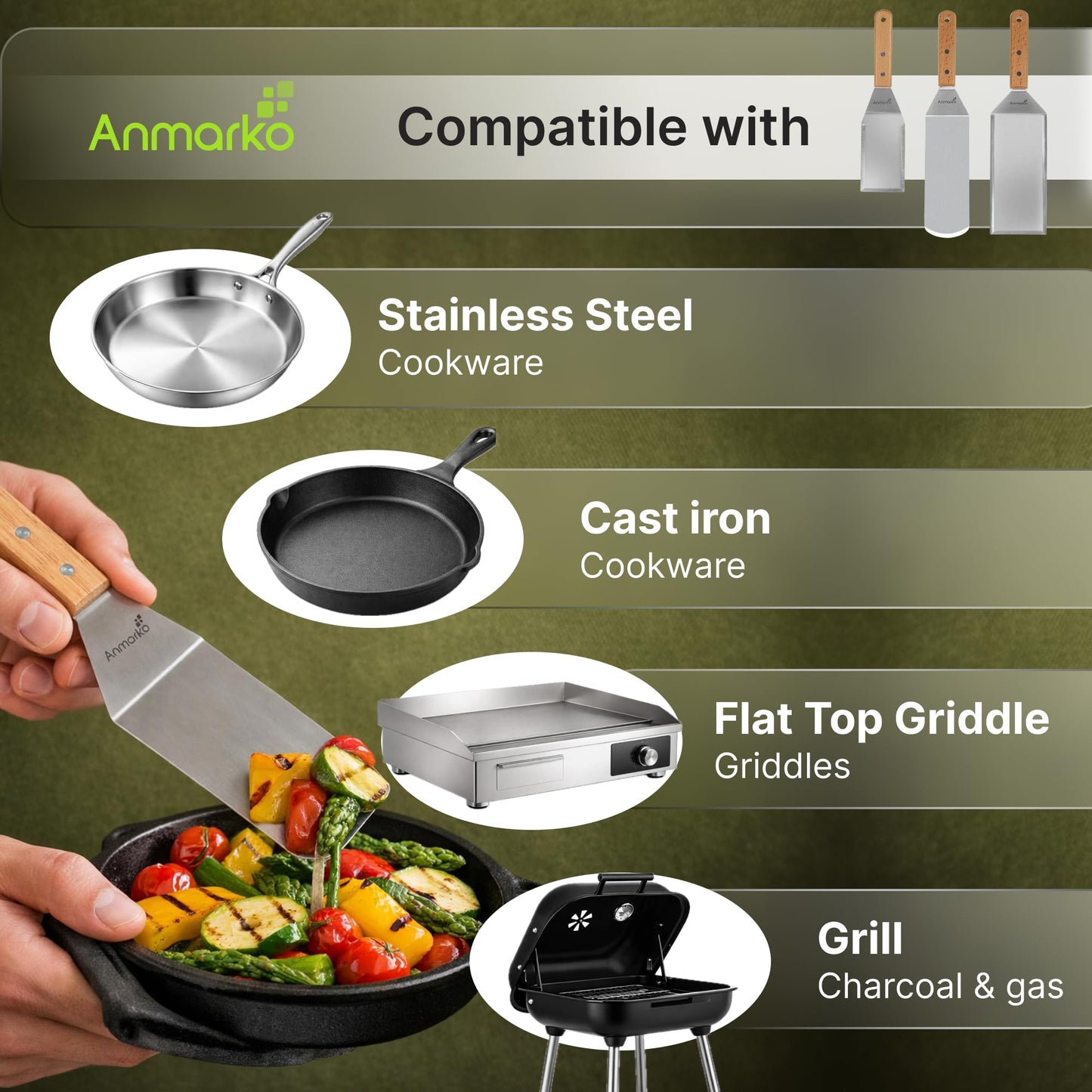 Stainless Steel Metal Spatula Set - Teppaniyaki Spatulas - Griddle Scraper Flat Spatula Pancake Flipper Hamburger Turner - Metal Utensil great for BBQ Grill Flat Top Cast Iron Griddle Accessories