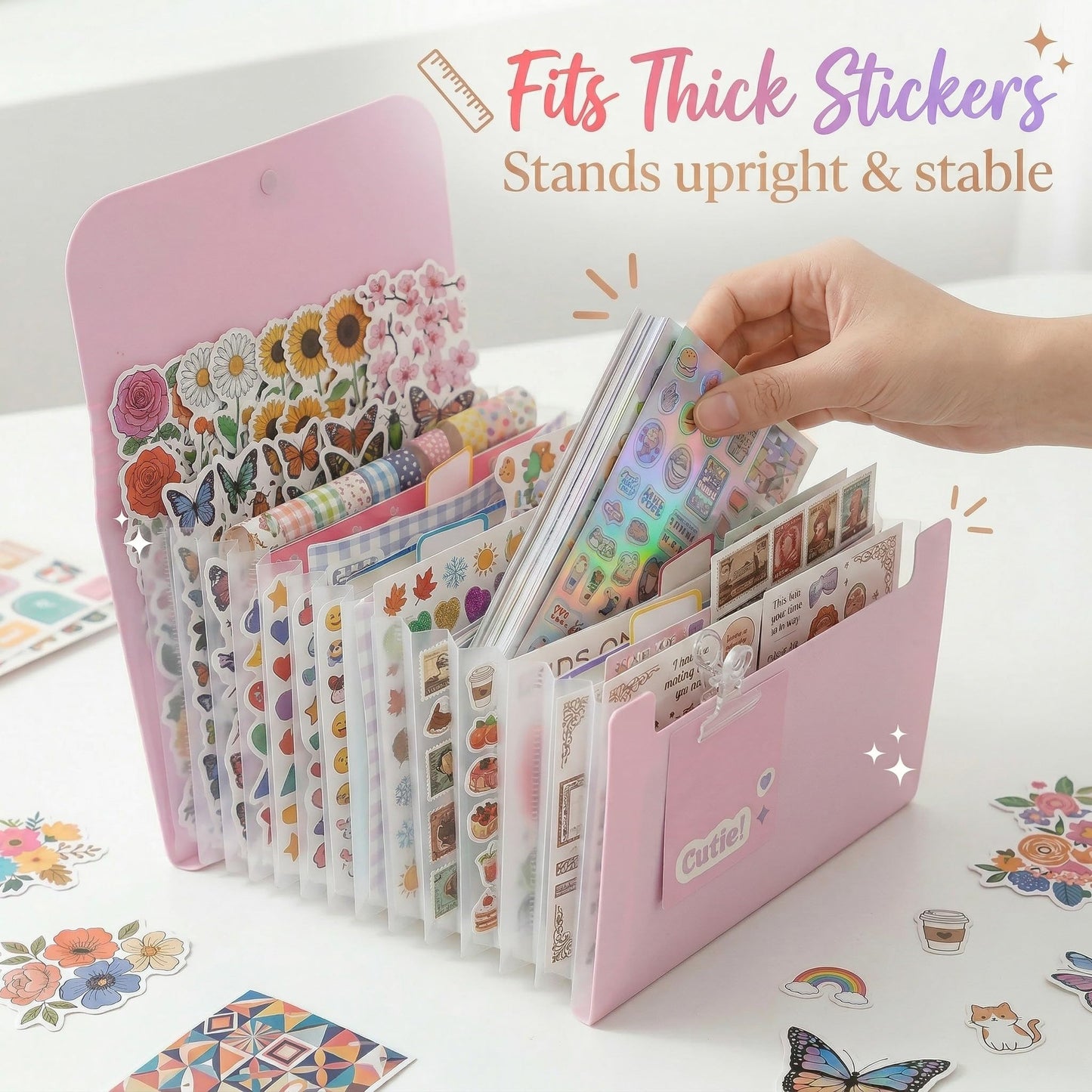 Sticker Storage Organizer with 13 Expandable Pockets, Multi-Layer Desktop Sticker Binder for Scrapbook Essentials and Journal Organizer, Large Capacity for Thick Sticker Album, Washi Tape(Blue)