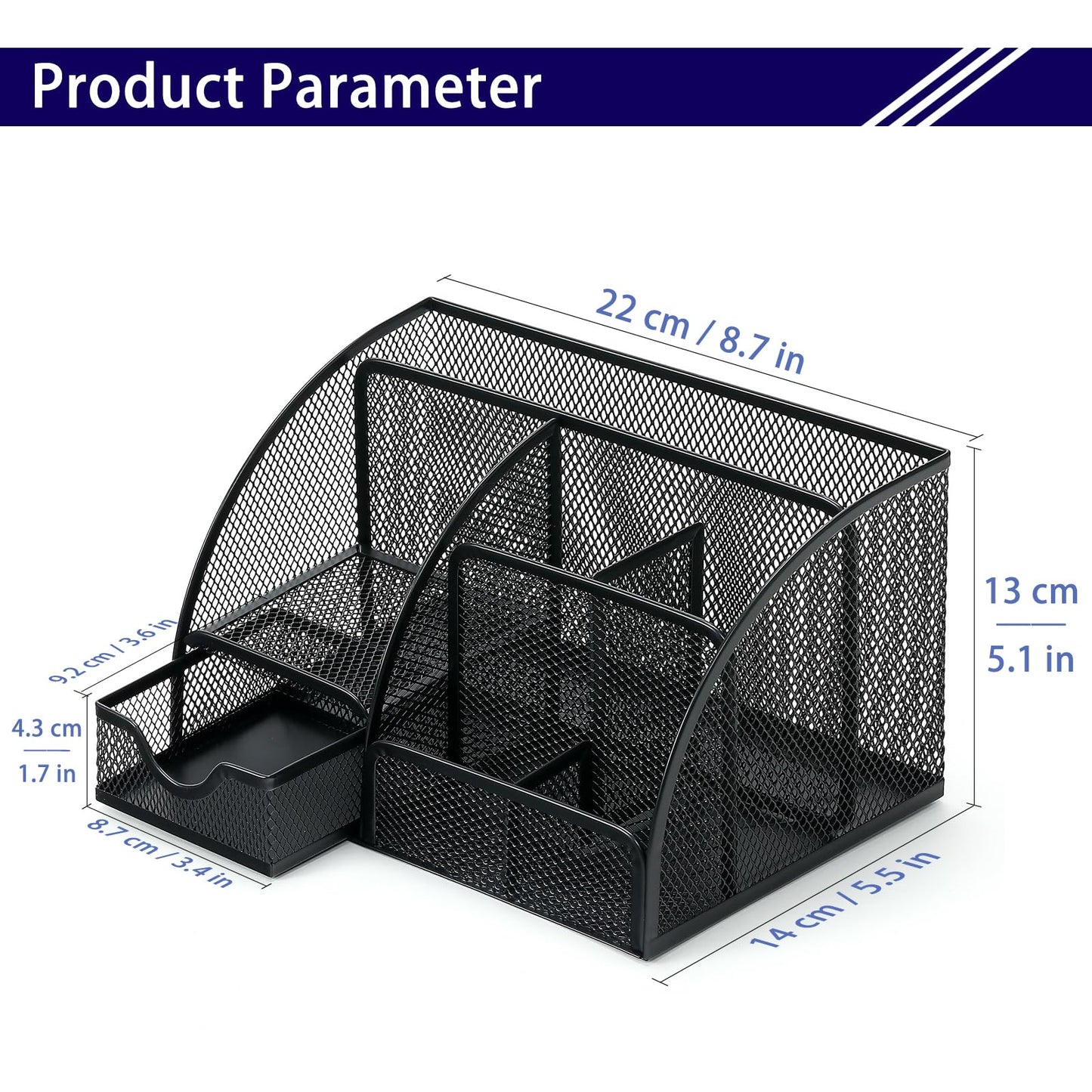 Boutilon Mesh Desk Organizer Desktop Office Supplies Stationary Organizer with 6 Compartments and 1 Drawer Multi-Functional Caddy Pen Holder for Home Office School Desk Decor(Black)