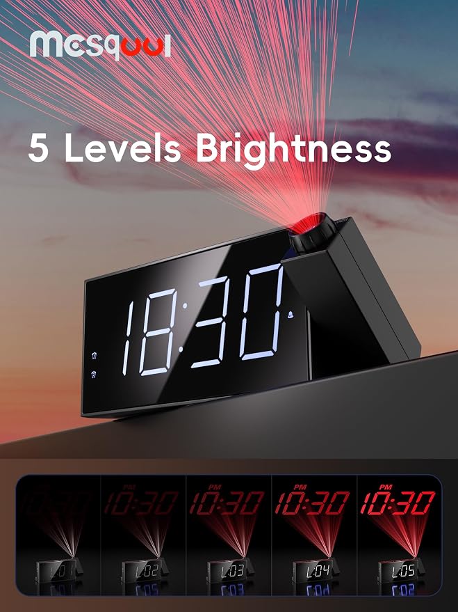 Mesqool Projection Alarm Clock with Loud Bed Shaker, Dual Alarms | 5-level Dimmer, USB charger, Snooze & DST, Loud Vibrating Alarm with Battery Backup, Perfect for Heavy Sleepers