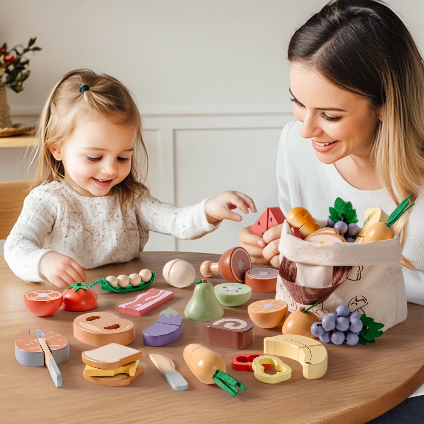 ROBOTIME Wooden Play Food 4-in-1 Cutting Set, Pretend Play Toy Food for Play Kitchen with Shopping Bag – Kids Kitchen Accessories, Wooden Play Food for Boys & Girls