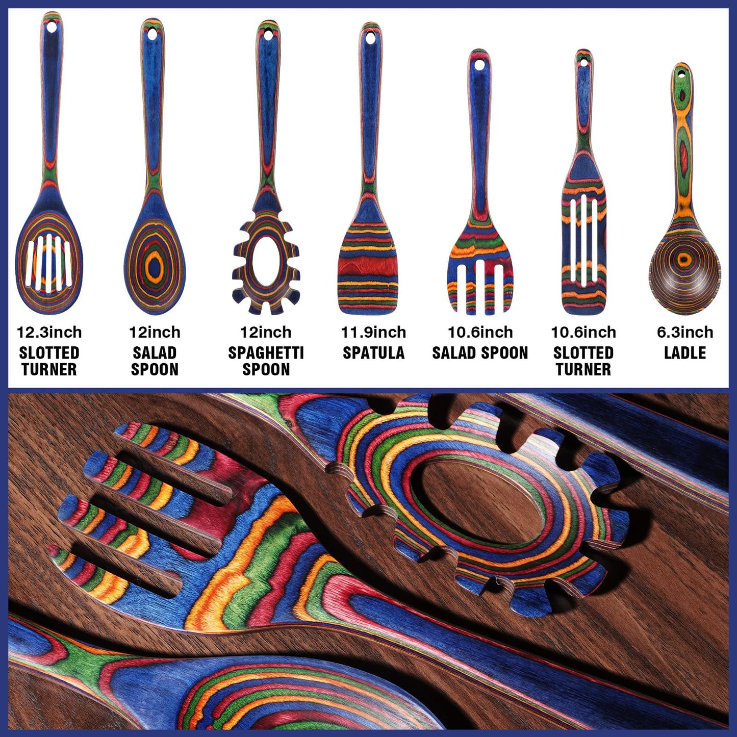MYRAINBOW Wooden Spoons for Cooking – 7 Piece Pakkawood Kitchen Utensils Set with Spatulas, Spoons, Ladles, and Turner for Mixing, Serving & Cooking