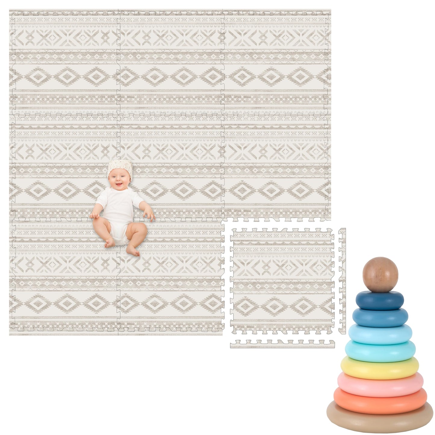 Play Platoon Non-Toxic Kids Play Mats for Floor, Extra-Thick Foam Tiles, Playmat for Toddlers & Childrens Playroom, Wooden Rainbow Stacking Toy Ring Stacker Toy, Educational Interactive Learning Toys
