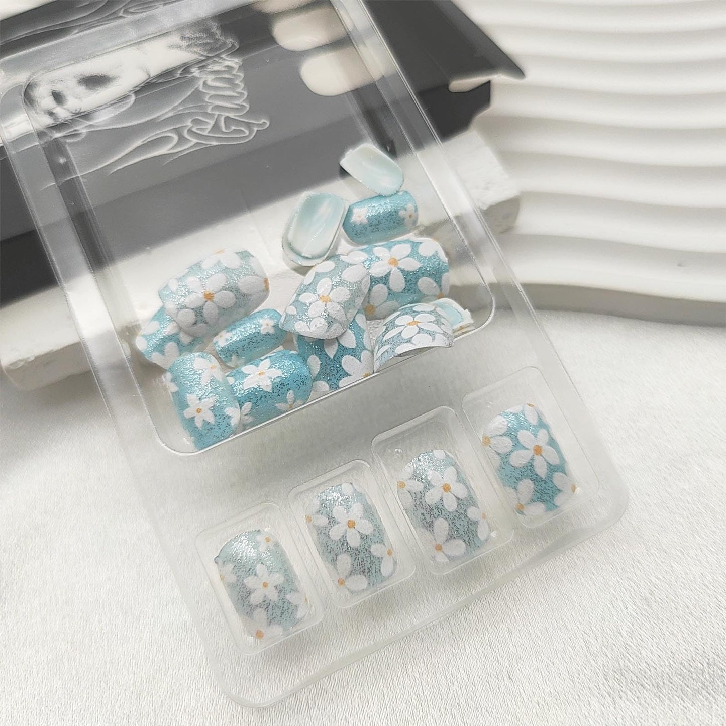 Blue Press on Nails Short Square Fake Nails with Flower Glitter Designs Spring Nails Press ons White Glue on Nails Summer Acrylic Nails Cute Floral Stick on Nails for Women 24Pcs