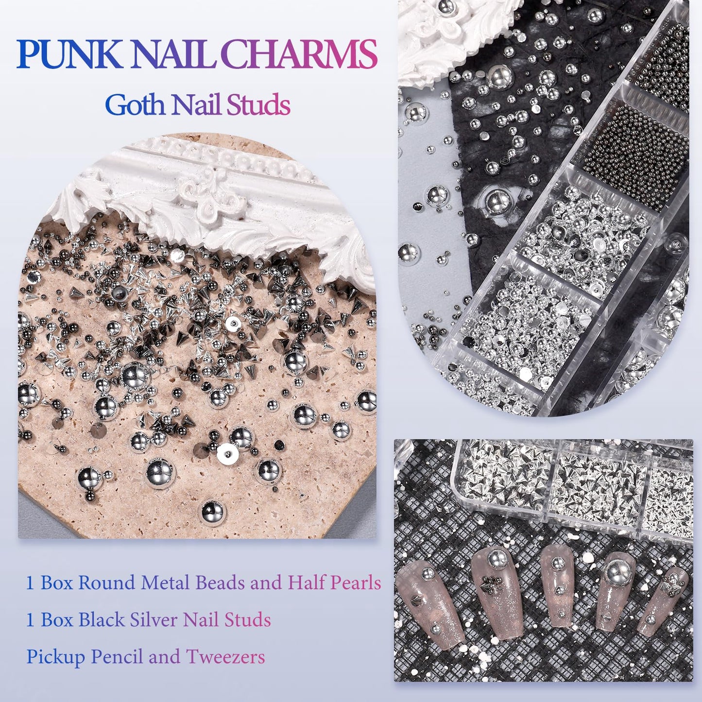 2 Boxes Spike Nail Charms 3D Mini Metal Punk Nail Art Studs, Mixed Sizes Black Silver Cone Spikes Nail Rivets Round Steel Ball, Goth Punk Half ABS Pearls for Nails DIY Accessories
